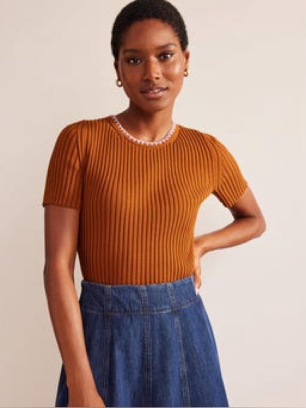 Boden Womens Crochet Trim Ribbed Knit Short Sleeve Sweater Orange Pink Size L